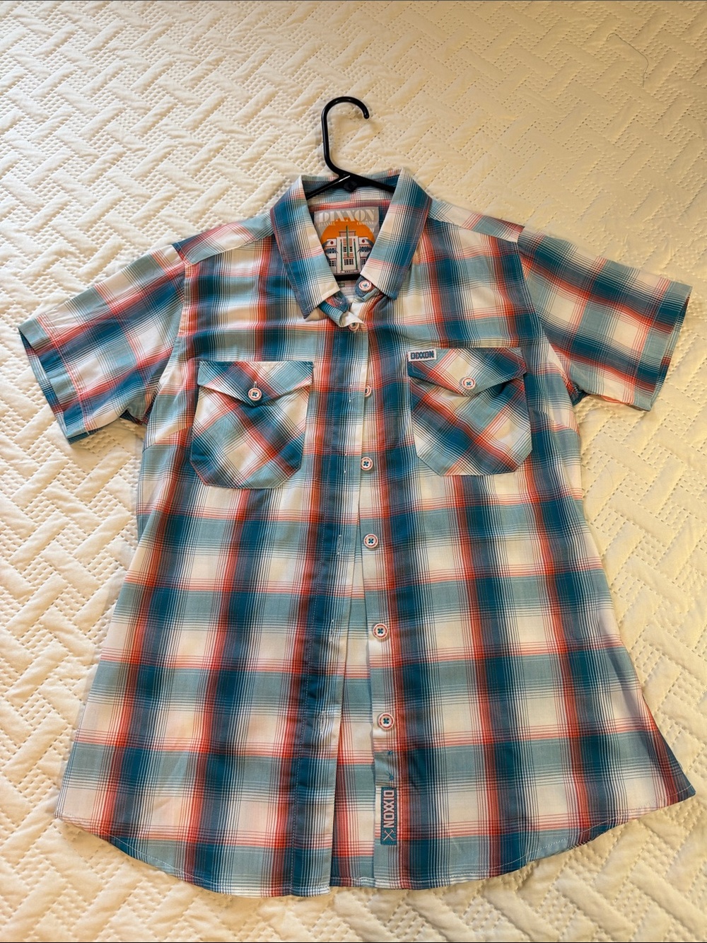 DIXXON Bamboo “The 305” Teal, Orange, White Short-Sleeve Plaid Button-Down Shirt